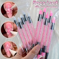 5pcs Pink Dual ended Rhinestone Nail Art Silicone Pen Sculpture Pen 3D Flower Carving DIY Manicure Brush Nail Dotting Pen Tools