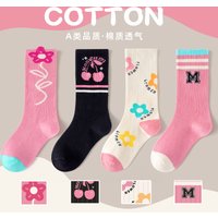 Kids Cotton Socks 4 Pairs Children's Calf Socks Pink Series Athletic Long Socks Breathable