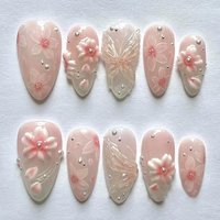 24PCS Glossy 3D Flower Butterfly Almond False Nails Sweet Pink Gradient with Pearl French Press on Fake Nails Wearable Ins Nails