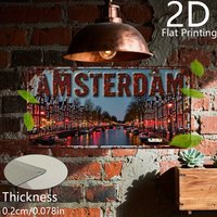 Vintage Rustic "AMSTERDAM" Canal Night Scenery Distressed License Plate 2D Flat Aluminum Tin Sign Wall Art Decor for Dutch Trave