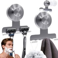 Heavy-Duty Stainless Steel Suction Cup Razor Holder for Shower - Stainless Steel Bathroom Wall Mount Utility Removable Hooks