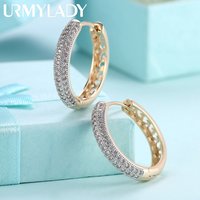 URMYLADY 925 Sterling Silver Circle 24K Gold Zircon Earrings For Women Wedding Party Fashion Charm Jewelry