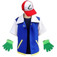 Costumes Pokemon Anime Ash Ketchum pour adultes et enfants, entraîneur d'halloween, fête Cosplay, veste bleue, ensembles casquette et gants, vêtements de jeu de rôle