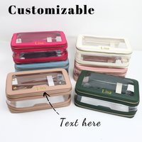 Customized name PU leather + transparent TPU toiletry bag, travel portable makeup bag, large-capacity waterproof storage bag