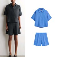 Loose Fit Short Sleeve Shirt with Pleated Waist Belt Short Casual Straight Leg Pants Two Piece Set Pure Color Summer Outfit