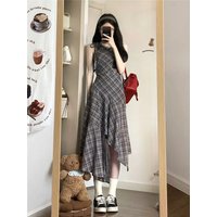 Summer New Plaid Sleeveless Vest Dress Women's Style High Waist Long Skirt Commute High Quality Folded A-Line Midi Dress