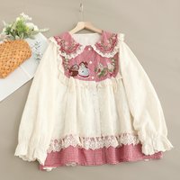 Japanese Sweet Mori Girl Cartoon Embroidery Lace Patchwork Cotton Shirts Women Peter Pan Collar Long Sleeve Casual Blouse Tops