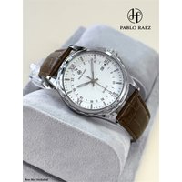 PABLO RAEZ Business Brand Casual Men's Watch Leather Strap Roman Numerals Stainless Steel Bezel Calendar 50M Waterproof gifts