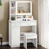 Vanity Desk Set with Fold-up Panel, 2 Drawers & 1 Cabinet Makeup Table with Mirror And LED Lights, Storage Cushioned Stool, Dressing Table for Bedroom (White, 135*80*36cm)