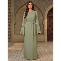 Dubai 2026 New Elegant Olive Green Embroidered Abaya for Islamic Ladies Floral Detailing on Sleeves for Ramadan and Daily Wear