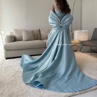 Evening Dress Shiny Satin Light Blue Off Shoulder Beaded Neck Giant Bow Back Floor Sweeping Train Formal Dress Customized
