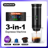 Machine à café expresso portable sans fil DENOKIN pour voiture et camping, réservoir d'eau de 80 ml, affichage numérique, machine à café de voyage 3 en 1 pour capsules et poudres