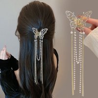 Butterfly Tassel Hair Claw Clip for Women, Rhinestone Pearl Chain Hair Clamp, Elegant Bridal Hair Accessory for Wedding & Party