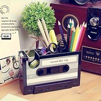 ABS Cassette Tape Pen Holder, Multifunctional Desk Organizer with Tape Cutter, Retro Stationery Storage Box for Office Home