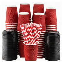 Red Corrugated Disposable Coffee Cups Heat Insulation Cups with Straw for Hot Beverage Ideal for Party Christmas New Year Supply