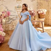 Customized Blue Flower Girl Dress For Wedding Bow Satin Short Sleeve Floor Length Elegant Kids Birthday First Communion Gown