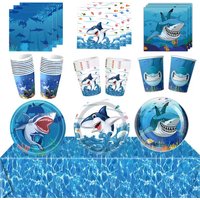 Shark Party Supplies Plates Napkins Cups Tablecloth Blue Ocean Sharks Tableware for Boys Birthday Pool Party Decosrations