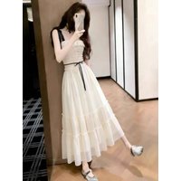 White Strapless A-Line Dress Women's Summer 2026 Slimming Waist Cinched Holiday Style Long Dress Girl's Fashion Korean Brand