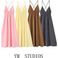 Beach Style Women's Sleeveless V-Neck Halter Dress High Waist Slimming Color Backless Midi Skirt Commute Pure Color Pol...