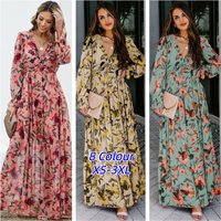 Elegant Floral Print Women Summer Casual Ruffle Layered Long Sleeved V-neck A Line Long Maxi Party Loose Boho Dresses