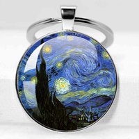 25mm/30mm Keychain Van Gogh Art Starry Night Sunflower Keychain Glass Cabochon Dome Pendant Keyholder Fashion Charm Jewelry Gift