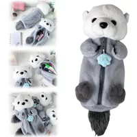 Kawaii Plush Otter Pencil Case Large Capacity, Expandable Portable Cosmetic & Stationery Bag For Students, Soft Plush Material