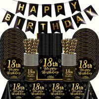 Black Gold Themed Birthday Party Decor Paper Plates Cups Napkins Tablecloths Disposable Tableware set for 18th Birthday Party