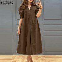 ZANZEA Plus Size 5XL Womens Casual Midi Dresses V-Neck Short Puff Sleeve A-Line Long Dress Spring Vacation Oversized Robes Femme
