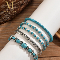 5Pcs New Green Turquoise Beads Bracelet Elastic Bohemian Beaded Bangles Set Handmade Stacked Hand Chain Gifts