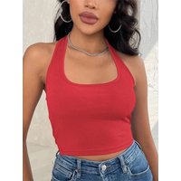 Women's Sleeveless Vest Ribbed Knit Top Halter Neck Summer Basic Red Casual Sports Vest Off Shoulder Ladies Vest Casual Sexy