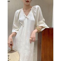 New 2026 Chinese Style Women Cheongsam Dress V-neck Long Sleeved Dress For Women Autumn Lady Graceful Sexy Cheongsam Dress