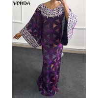 Plus Size 5XL VONDA Women Bohemian Printing Maxi Dress 2025 Vintage Sundress Casual 3/4 Sleeve Party Robe Loose O-Neck Vestidos