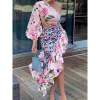 Floral Print Ruffle Skirt And Top Two Piece Set Elegant Women Summer Skirt Matching Suit Office Lady Chic Trumpet Skirt Outfits