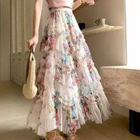 New In Flower Print Irregular Mesh Floral Mesh Long Skirt Women 2025 Spring French Elegant Style A-line Tulle Skirts