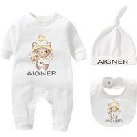 3-piece baby boy universal long sleeved round neck cartoon print with buttons casual autumn jumpsuit bib hat set