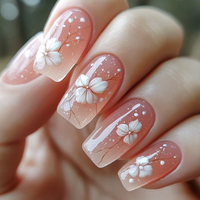 24pcs Pink Gradient False Nail Art Flower Design Stick on Nails Sets Mid-length Square Press on Nails Tips Wearable Fake Nail