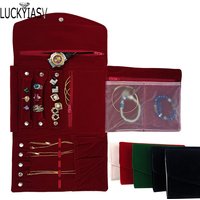 Burgundy Portable Travel Jewelry Organizer Roll Foldable Jewelry Case for Journey-Rings Necklaces Jewerly Storage Velvet Bag