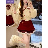 Elegant Fashion Sweet 2-Piece Set Women Slim Knit Lantern Sleeve Collar Top + Plaid Lace Mini Skirt Christmas Party Chic Outfit