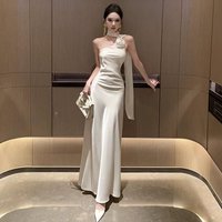 Elegant Long Satin Slip Dress Birthday Party Evening Gown Asymmetrical Shoulder Design Draped Back High Waist Bodycon Dress