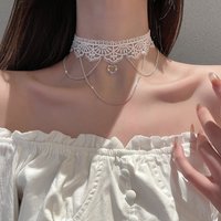 White Lace Fringe Choker Necklace - Designer Dainty Statement Collar for Women, Trendy Luxury