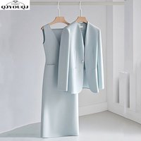 Early autumn new high-end blue casual jacket+fashionable V-neck dress two-piece set