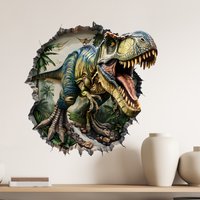 Realistic Dinosaur Wall Sticker, T-Rex Breaking Through Wall with Jungle Scene Vinyl Wall Decal for Home Decor