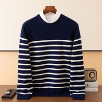 Striped men's Sweater 100% Pure Wool Sweater Round Neck Knitted Pullover Light Luxury Sweater Autumn WinterLoose Sweater