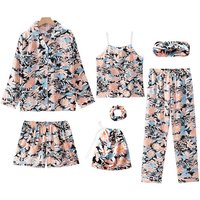 Autumn Spring 7 Pieces Set Silk Elegant Women Pajamas stripe Shorts Long Sleeve Tops Elastic Waist Pants Full Lounge Sleepwear
