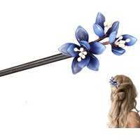 Blue Flower Hairpins Chinese Style Wooden Hair Sticks Forks Floral Headpieces Women Girls Ponytail Holder Hair Jewelry Ornaments