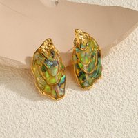 Kissmoon Inlaid Abalone Shell Earrings For Women Stainless Steel Irregular Yellow Green French Vintage Stud Earring Jewelry Gift
