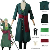 Anime Roronoa Zoro Cosplay Costume Uniform Green Coat Belt Pants Head Scarf Roronoa Zoro Wig Earrings Halloween Men Clothes