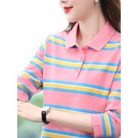 Long Sleeve Pure Cotton Loose Fit Shirt for Women Spring Autumn Classic Striped Turn down Collar Comfortable Breathable