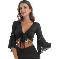 Women Bolero Short Jacket Belly Dance Costume Flared Sleeves Knot Shawl Cardigan Sparkle Beads Tassel Belly Dance Top Dancewear