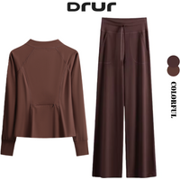 DRUR Elegant Yoga Set For Women With Long Sleeve Sport Jacket and Drawstring Wide Leg Pants 2 Piece Gym Running Outfit Sweatsuit